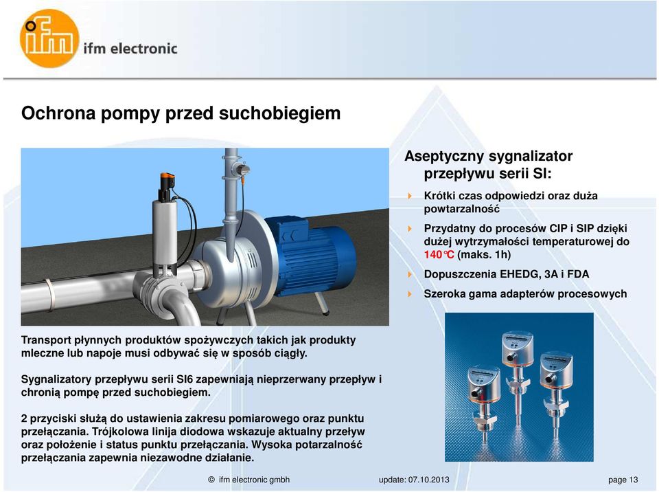 1h) Dopuszczenia EHEDG, 3A i FDA Szeroka gama adapterów procesowych Transport płynnych produktów spożywczych takich jak produkty mleczne lub napoje musi odbywać się w sposób ciągły.