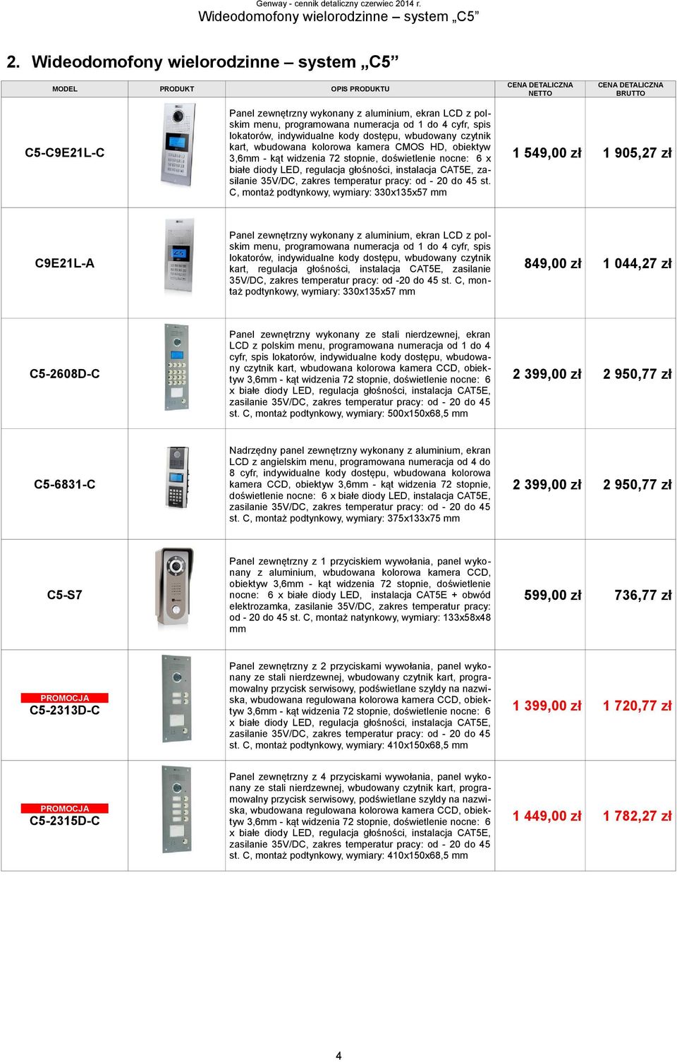 wbudowany czytnik kart, wbudowana kolorowa kamera CMOS HD, obiektyw 3,6mm - kąt widzenia 72 stopnie, doświetlenie nocne: 6 x białe diody LED, regulacja głośności, instalacja CAT5E, zasilanie 35V/DC,