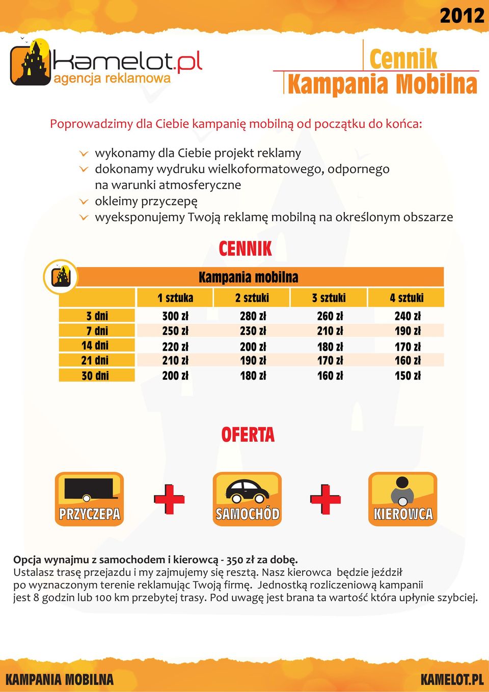 reklamê mobiln¹ na okreœlonym obszarze 260 z³ 210 z³ 180 z³ 170 z³ 160 z³ 240 z³ 190 z³ 170 z³ 160 z³ 150 z³ OFERTA PRZYCZEPA + + SAMOCHÓD KIEROWCA Opcja wynajmu z samochodem i kierowc¹ - 350 z³ za