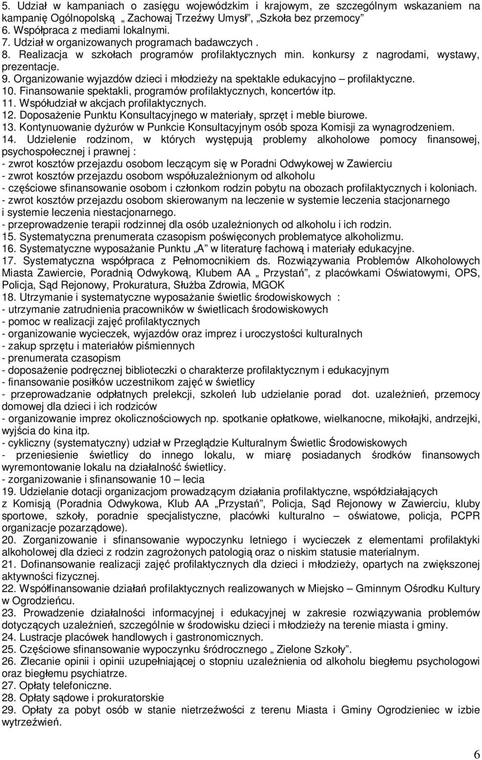 Organizowanie wyjazdów dzieci i młodzieży na spektakle edukacyjno profilaktyczne. 10. Finansowanie spektakli, programów profilaktycznych, koncertów itp. 11. Współudział w akcjach profilaktycznych. 12.