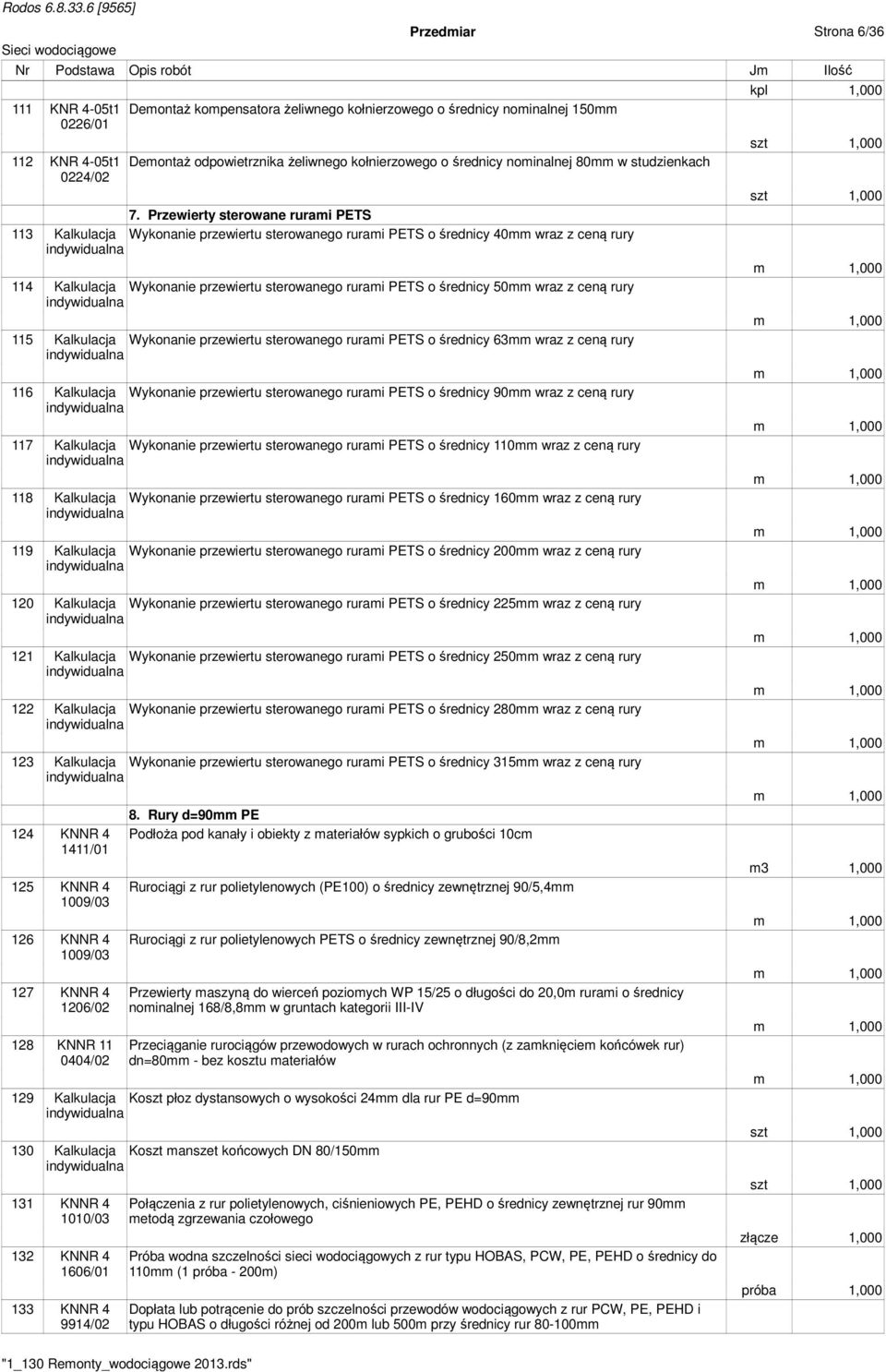 Przewierty sterowane rurami PETS 113 Kalkulacja Wykonanie przewiertu sterowanego rurami PETS o średnicy 40mm wraz z ceną rury 114 Kalkulacja Wykonanie przewiertu sterowanego rurami PETS o średnicy