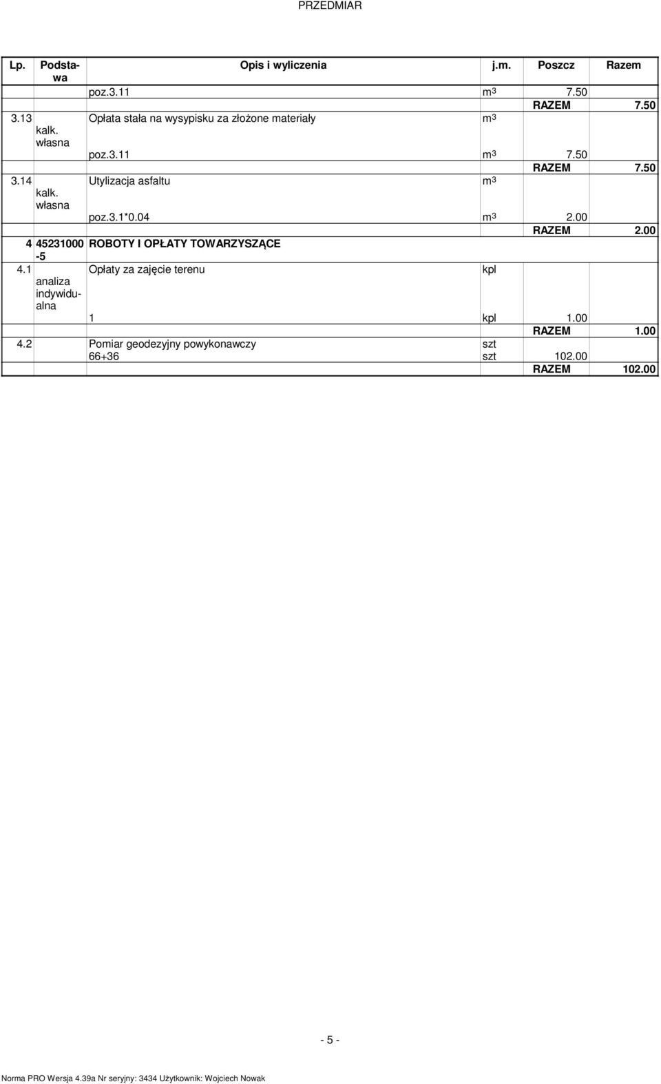 00 RAZEM 2.00 4 45231000 ROBOTY I OPŁATY TOWARZYSZĄCE -5 4.