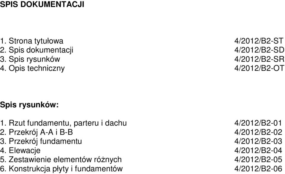 Rzut fundamentu, parteru i dachu 4/2012/B2-01 2. Przekrój A-A i B-B 4/2012/B2-02 3.