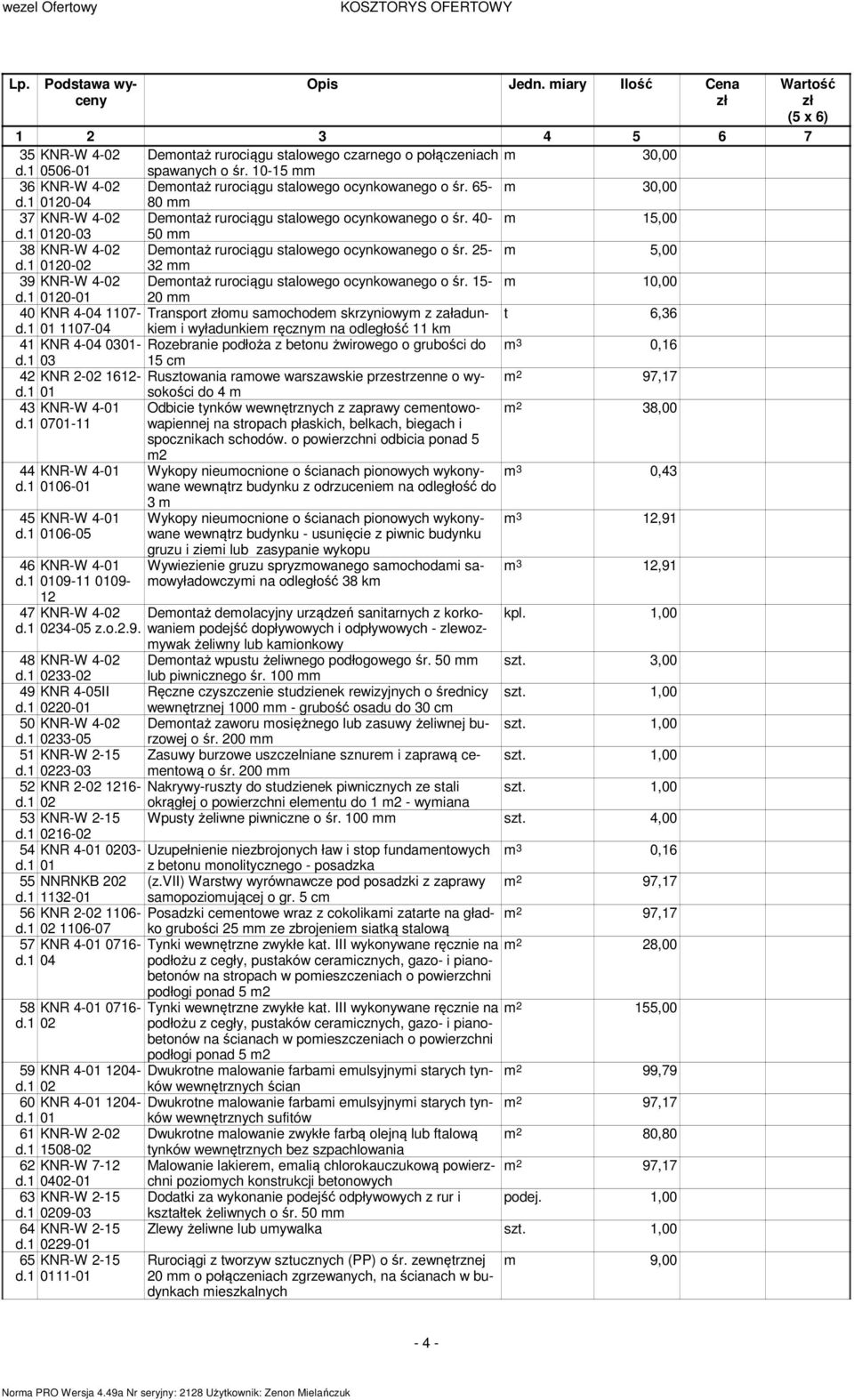 25- m 5,00 0120-02 32 39 KNR-W 4-02 Demontaż rurociągu stalowego ocynkowanego o śr.