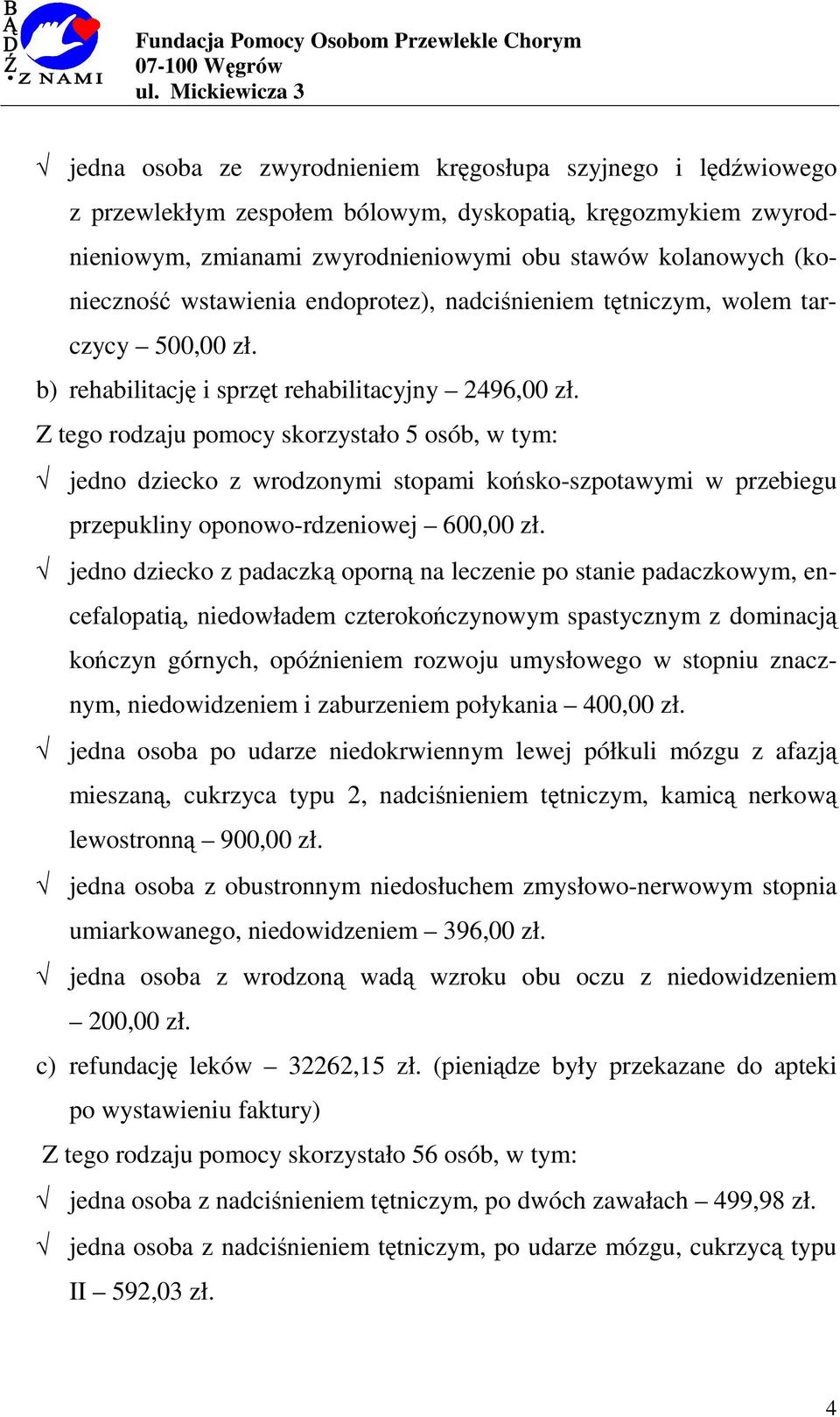 Z tego rodzaju pomocy skorzystało 5 osób, w tym: jedno dziecko z wrodzonymi stopami końsko-szpotawymi w przebiegu przepukliny oponowo-rdzeniowej 600,00 zł.