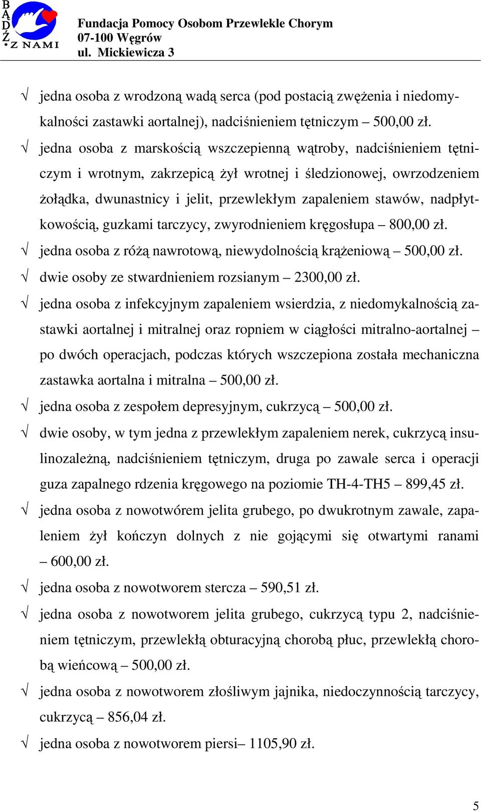 nadpłytkowością, guzkami tarczycy, zwyrodnieniem kręgosłupa 800,00 zł. jedna osoba z różą nawrotową, niewydolnością krążeniową 500,00 zł. dwie osoby ze stwardnieniem rozsianym 2300,00 zł.