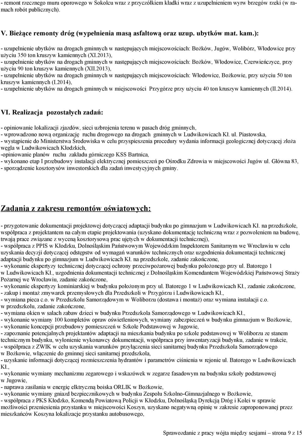): - uzupełnienie ubytków na drogach gminnych w następujących miejscowościach: Bożków, Jugów, Wolibórz, Włodowice przy użyciu 350 ton kruszyw kamiennych (XI.