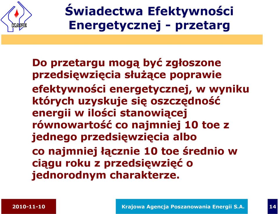 stanowiącej równowartość co najmniej 10 toe z jednego przedsięwzięcia albo co najmniej łącznie 10 toe