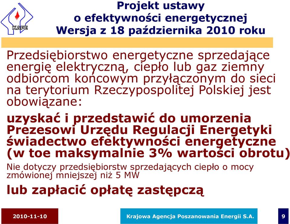 umorzenia Prezesowi Urzędu Regulacji Energetyki świadectwo efektywności energetyczne (w toe maksymalnie 3% wartości obrotu) Nie dotyczy