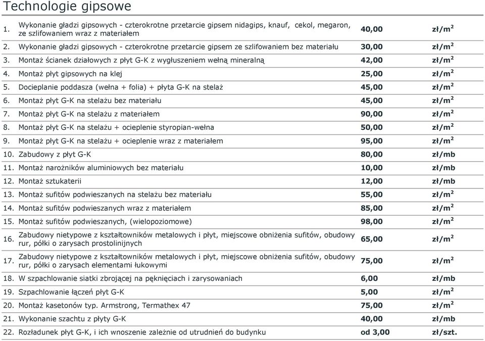 Montaż płyt gipsowych na klej 25,00 zł/m 2 5. Docieplanie poddasza (wełna + folia) + płyta G-K na stelaż 45,00 zł/m 2 6. Montaż płyt G-K na stelażu bez materiału 45,00 zł/m 2 7.