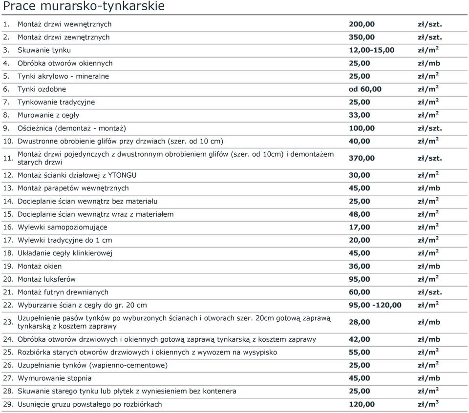 ,00 zł/szt. 10. Dwustronne obrobienie glifów przy drzwiach (szer. od 10 cm) 40,00 zł/m 2 11. Montaż drzwi pojedynczych z dwustronnym obrobieniem glifów (szer.
