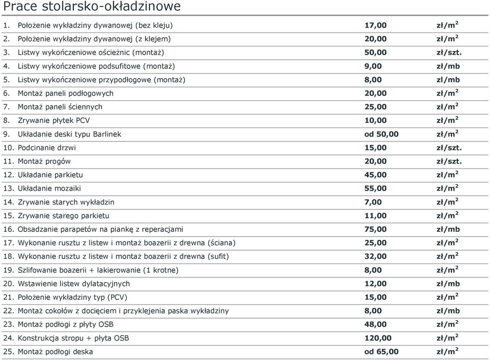 Montaż paneli podłogowych 20,00 zł/m 2 7. Montaż paneli ściennych 25,00 zł/m 2 8. Zrywanie płytek PCV 10,00 zł/m 2 9. Układanie deski typu Barlinek od 50,00 zł/m 2 10. Podcinanie drzwi 15,00 zł/szt.