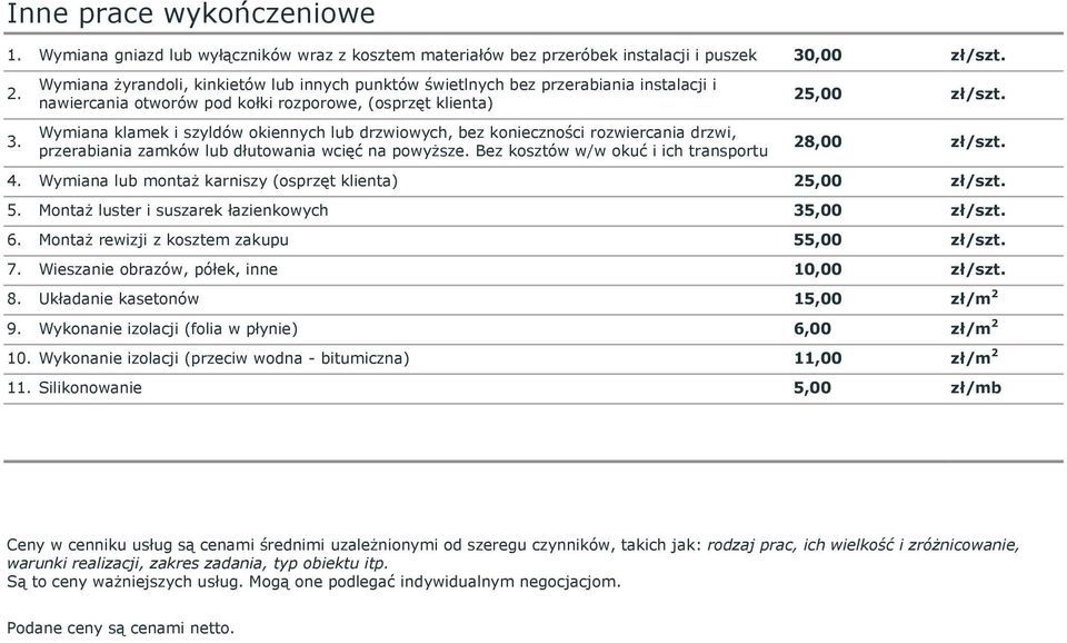 Wymiana żyrandoli, kinkietów lub innych punktów świetlnych bez przerabiania instalacji i nawiercania otworów pod kołki rozporowe, (osprzęt klienta) Wymiana klamek i szyldów okiennych lub drzwiowych,