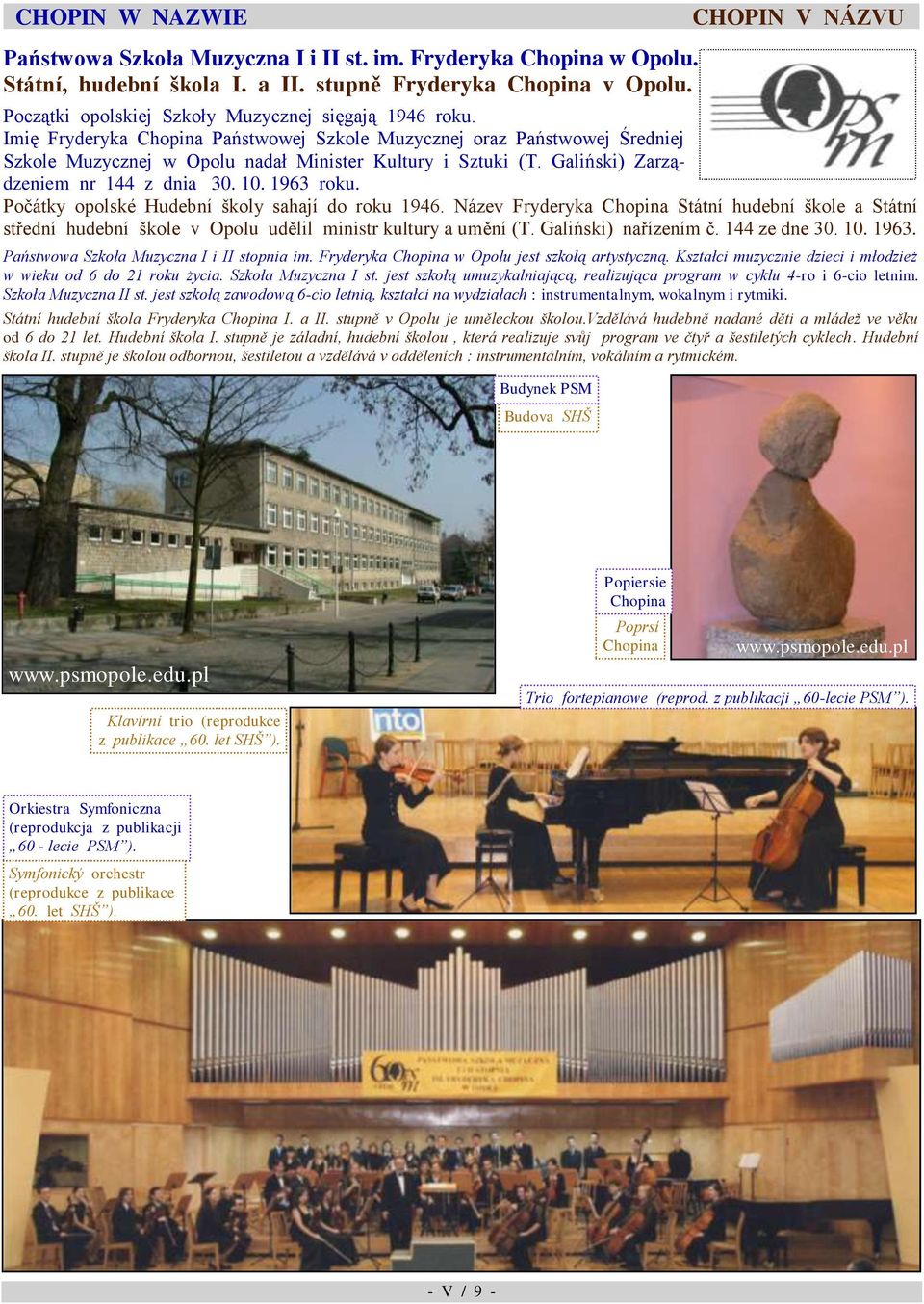 školy sahají do roku 1946 Název Fryderyka Chopina Státní hudební škole a Státní střední hudební škole v Opolu udělil ministr kultury a umění (T Galiński) nařízením č 144 ze dne 30 10 1963 Państwowa