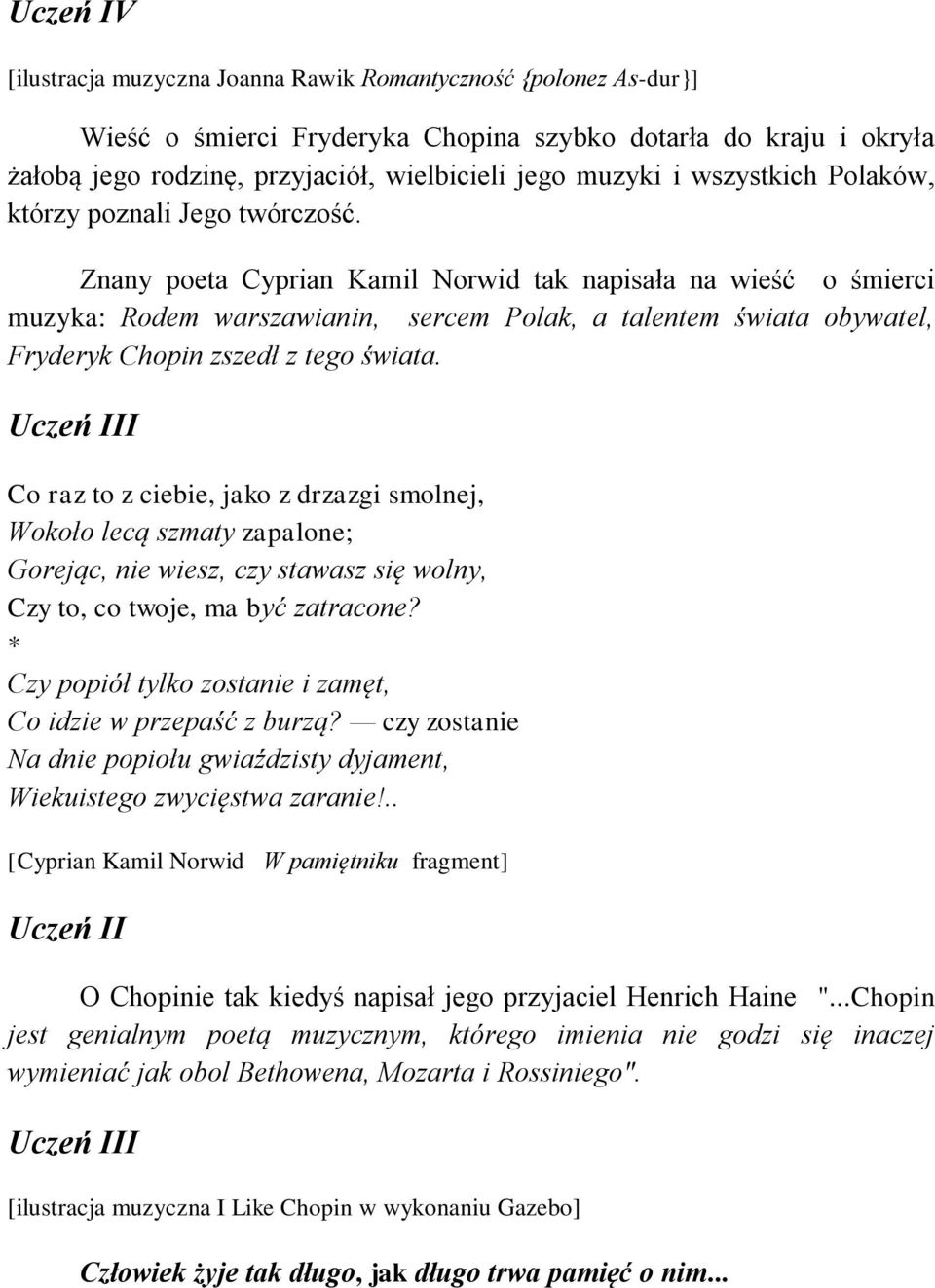 Znany poeta Cyprian Kamil Norwid tak napisała na wieść o śmierci muzyka: Rodem warszawianin, sercem Polak, a talentem świata obywatel, Fryderyk Chopin zszedł z tego świata.