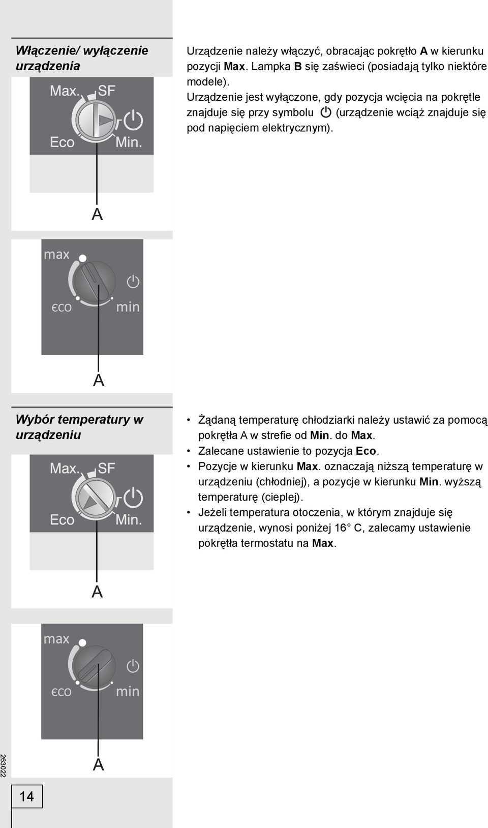 Wybór temperatury w urządzeniu Żądaną temperaturę chłodziarki należy ustawić za pomocą pokrętła A w strefi e od Min. do Max. Zalecane ustawienie to pozycja Eco. Pozycje w kierunku Max.