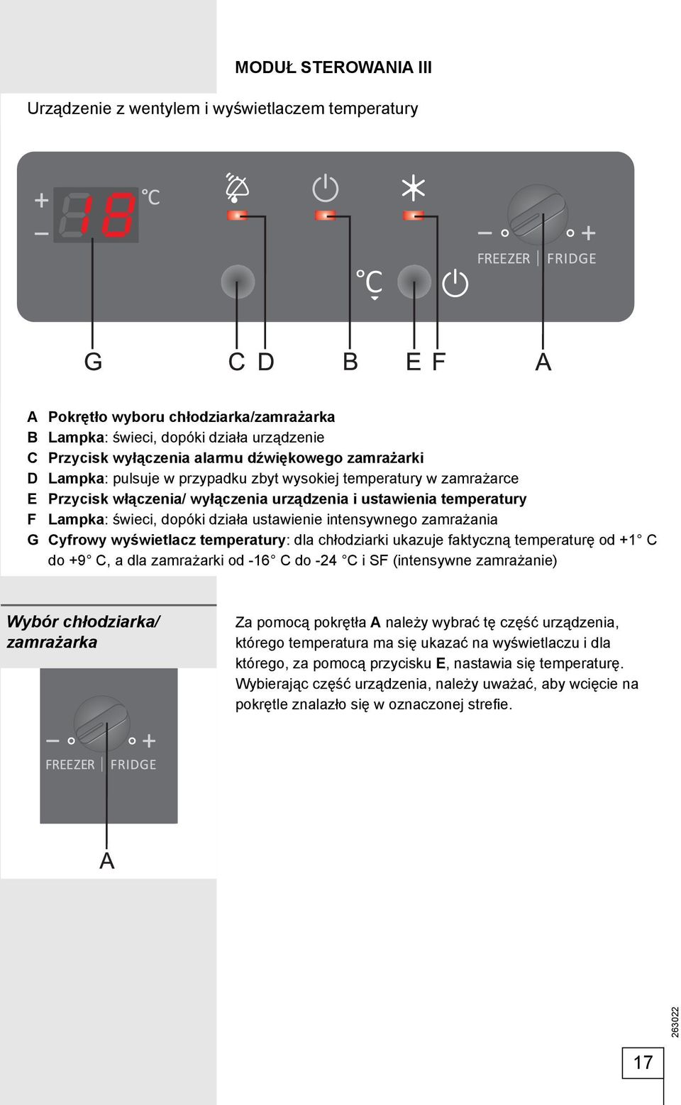 intensywnego zamrażania G Cyfrowy wyświetlacz temperatury: dla chłodziarki ukazuje faktyczną temperaturę od +1 C do +9 C, a dla zamrażarki od -16 C do -24 C i SF (intensywne zamrażanie) Wybór