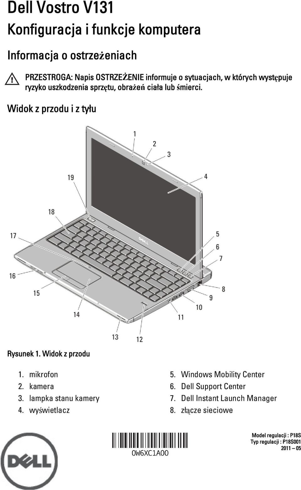 Widok z przodu i z tyłu Rysunek 1. Widok z przodu 1. mikrofon 2. kamera 3. lampka stanu kamery 4. wyświetlacz 5.