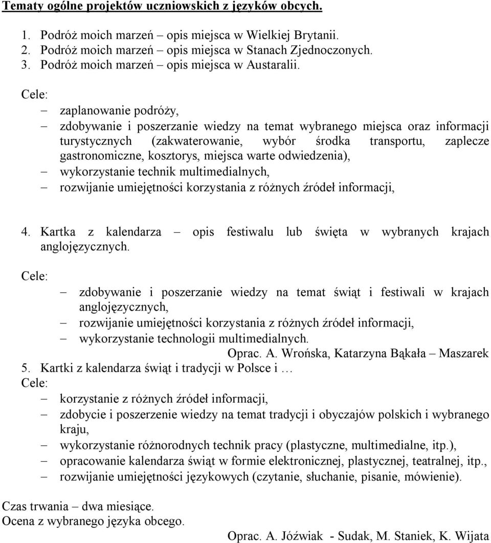 zaplanowanie podróży, zdobywanie i poszerzanie wiedzy na temat wybranego miejsca oraz informacji turystycznych (zakwaterowanie, wybór środka transportu, zaplecze gastronomiczne, kosztorys, miejsca