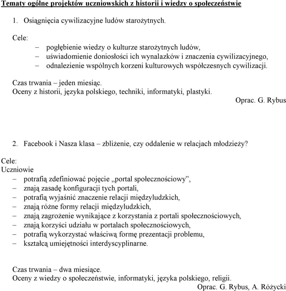 Czas trwania jeden miesiąc. Oceny z historii, języka polskiego, techniki, informatyki, plastyki. Oprac. G. Rybus 2. Facebook i Nasza klasa zbliżenie, czy oddalenie w relacjach młodzieży?