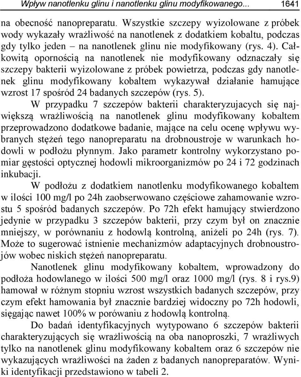 Całkowitą opornością na nanotlenek nie modyfikowany odznaczały się szczepy bakterii wyizolowane z próbek powietrza, podczas gdy nanotlenek glinu modyfikowany kobaltem wykazywał działanie hamujące