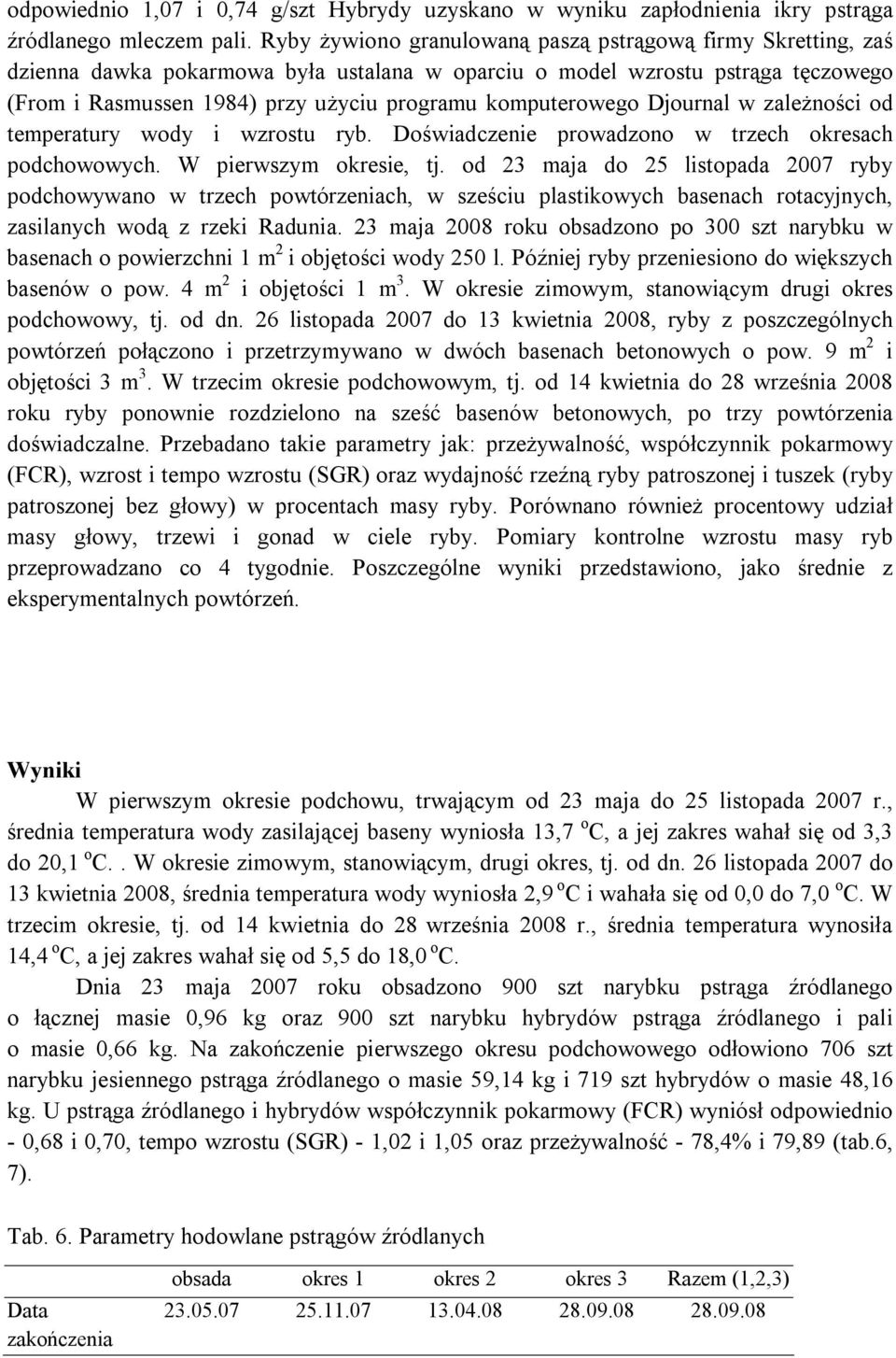 komputerowego Djournal w zależności od temperatury wody i wzrostu ryb. Doświadczenie prowadzono w trzech okresach podchowowych. W pierwszym okresie, tj.