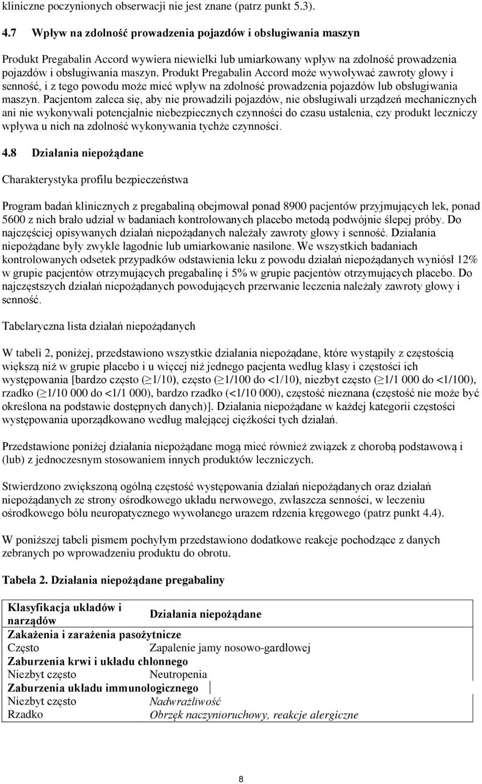 Produkt Pregabalin Accord może wywoływać zawroty głowy i senność, i z tego powodu może mieć wpływ na zdolność prowadzenia pojazdów lub obsługiwania maszyn.