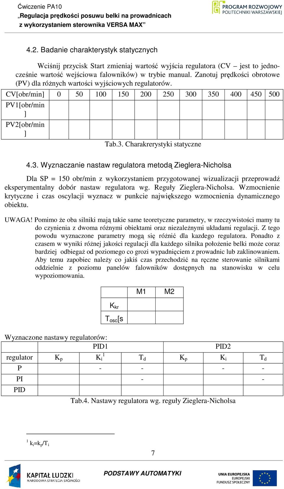 0 350 400 450 500 PV1[obr/min ] PV2[obr/min ] Tab.3. Charakrerystyki statyczne 4.3. Wyznaczanie nastaw regulatora metodą Zieglera-Nicholsa Dla SP = 150 obr/min z wykorzystaniem przygotowanej wizualizacji przeprowadź eksperymentalny dobór nastaw regulatora wg.