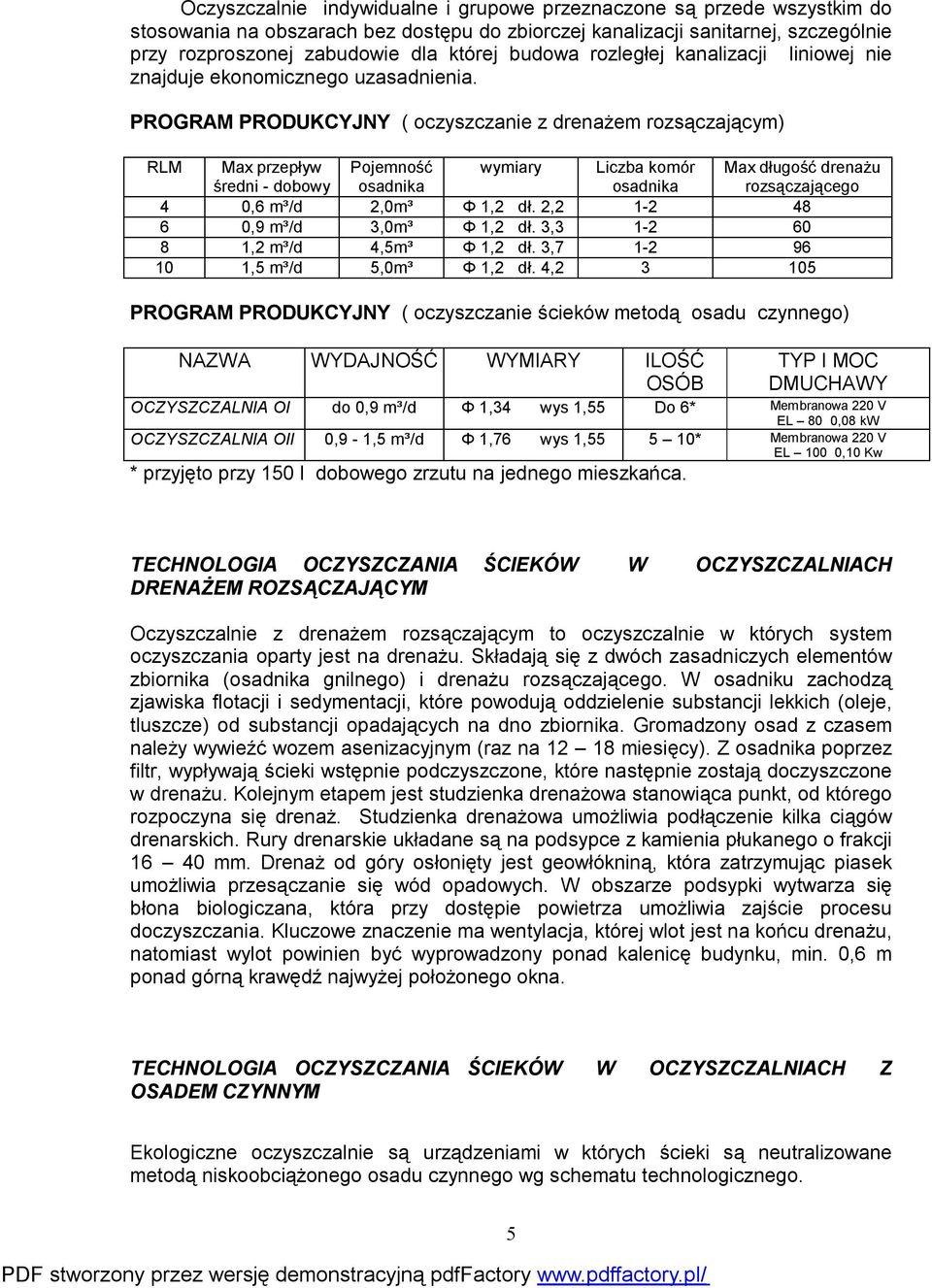 PROGRAM PRODUKCYJNY ( oczyszczanie z drenażem rozsączającym) RLM Max przepływ średni - dobowy Pojemność osadnika wymiary Liczba komór osadnika Max długość drenażu rozsączającego 4 0,6 m³/d 2,0m³ Φ