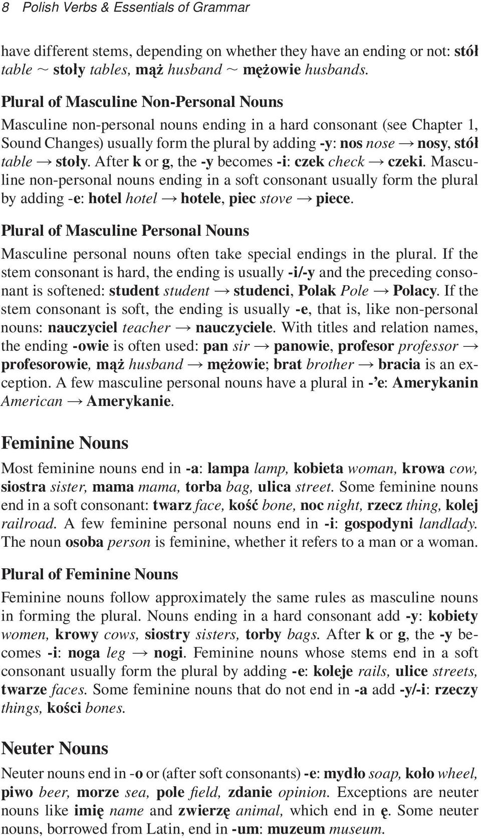 After k or g, the -y becomes -i: czek check czeki. Masculine non-personal nouns ending in a soft consonant usually form the plural by adding -e: hotel hotel hotele, piec stove piece.