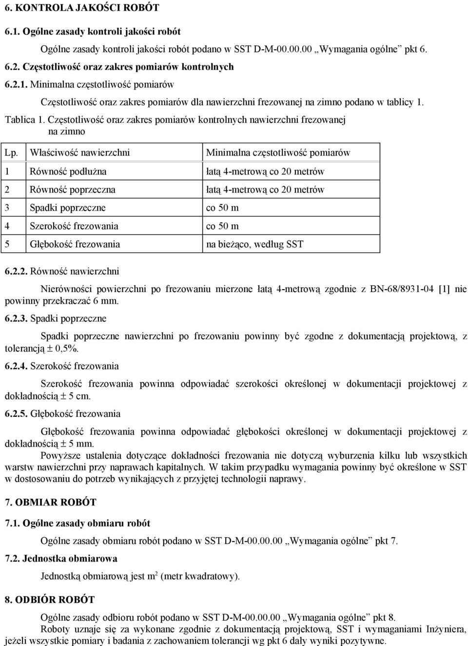 Częstotliwość oraz zakres pomiarów kontrolnych nawierzchni frezowanej na zimno Lp.