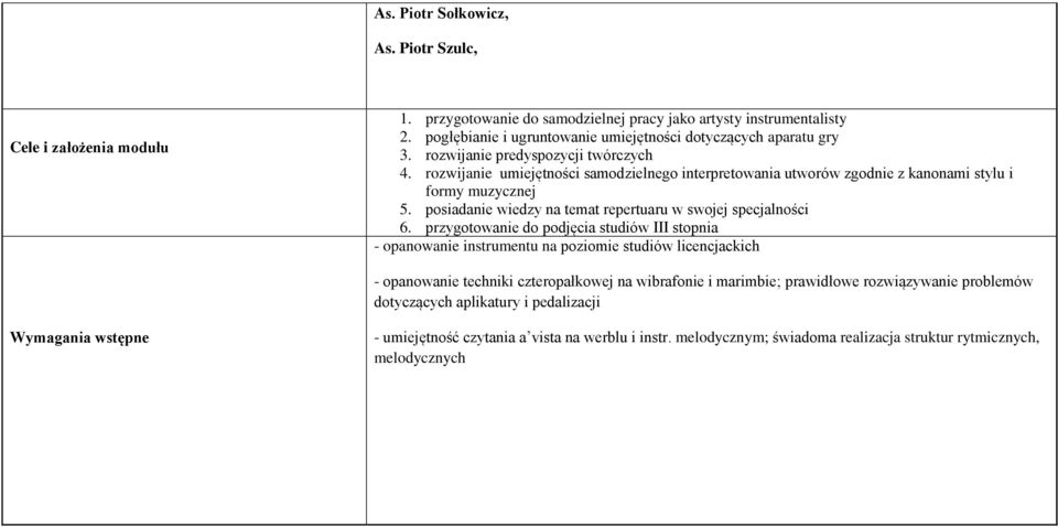 rozwijanie umiejętności samodzielnego interpretowania utworów zgodnie z kanonami stylu i formy muzycznej 5. posiadanie wiedzy na temat repertuaru w swojej specjalności 6.