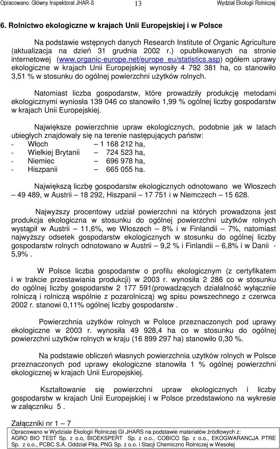 asp) ogółem uprawy ekologiczne w krajach Unii Europejskiej wynosiły 4 792 381 ha, co stanowiło 3,51 % w stosunku do ogólnej powierzchni użytków rolnych.