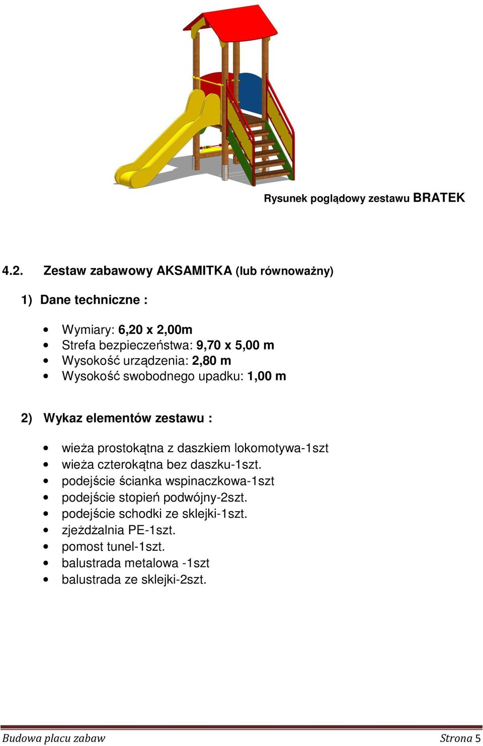 urządzenia: 2,80 m Wysokość swobodnego upadku: 1,00 m 2) Wykaz elementów zestawu : wieża prostokątna z daszkiem lokomotywa-1szt wieża