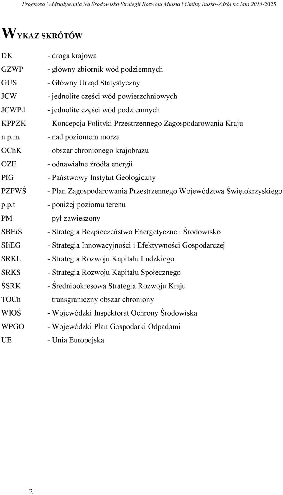 p.t PM SBEiŚ SIiEG SRKL SRKS ŚSRK TOCh WIOŚ WPGO UE - droga krajowa - główny zbiornik wód podziemnych - Główny Urząd Statystyczny - jednolite części wód powierzchniowych - jednolite części wód