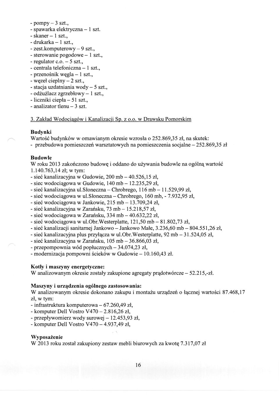 , - analizator tlenu - 3 szt. 3. Zakład Wodociągów i Kanalizacji Sp. z o.o. w Drawsku Pomorskim Budynki Wartość budynków w omawianym okresie wzrosła o 252.