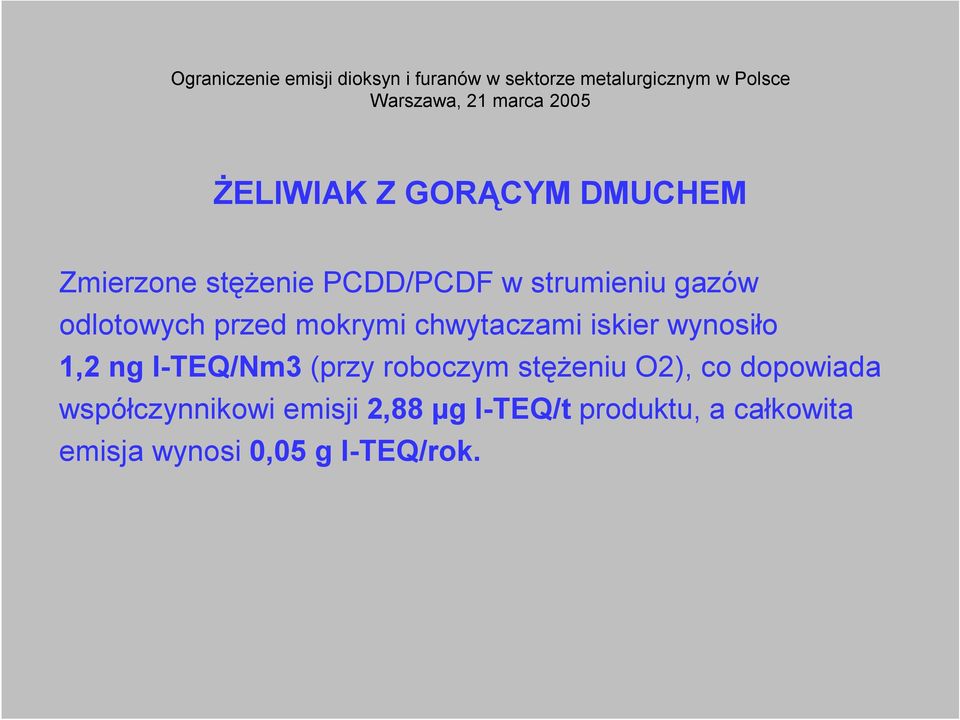 I-TEQ/Nm3 (przy roboczym stężeniu O2), co dopowiada współczynnikowi