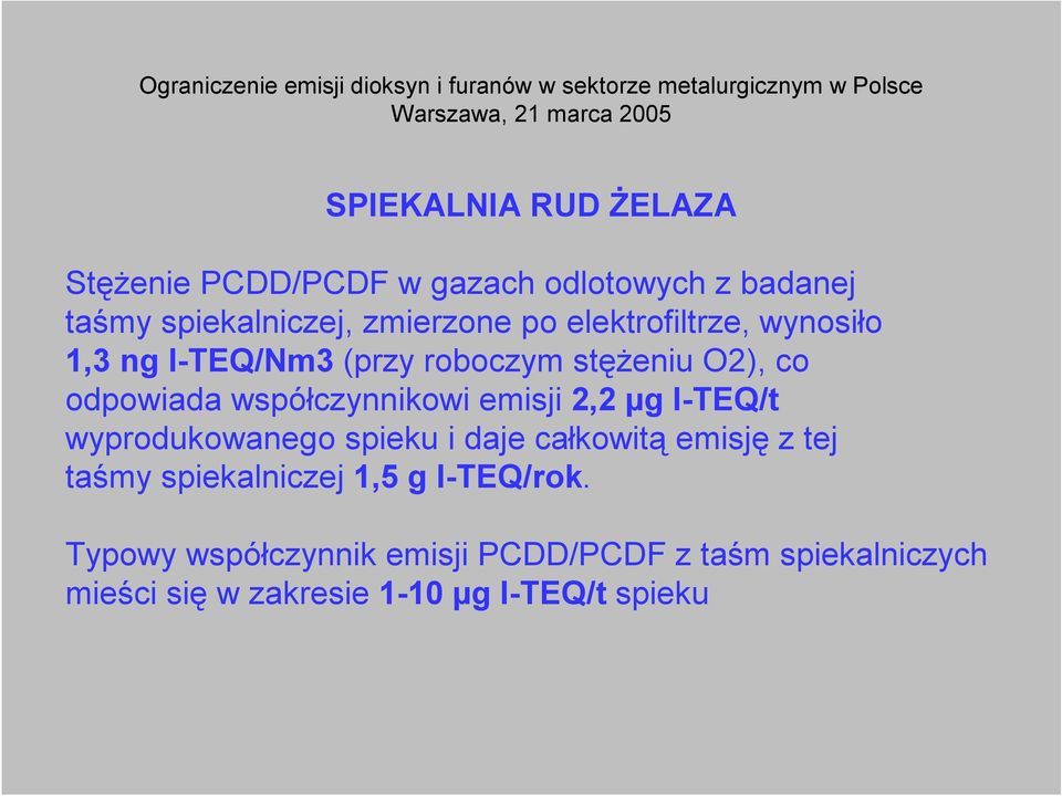 emisji 2,2 µg I-TEQ/t wyprodukowanego spieku i daje całkowitą emisję z tej taśmy spiekalniczej 1,5 g