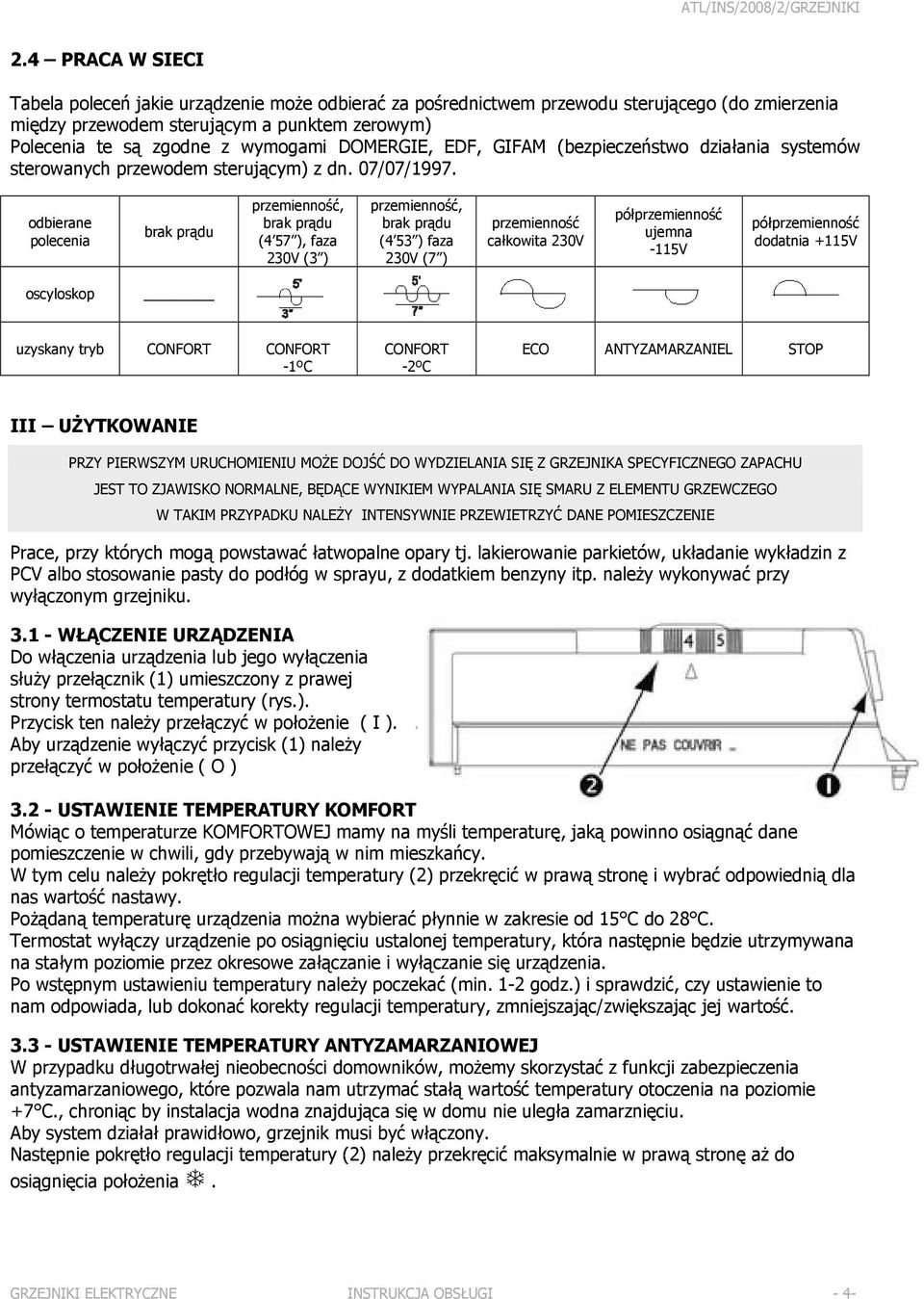 odbierane polecenia brak prądu przemienność, brak prądu (4 57 ), faza 230V (3 ) przemienność, brak prądu (4 53 ) faza 230V (7 ) przemienność całkowita 230V półprzemienność ujemna -115V