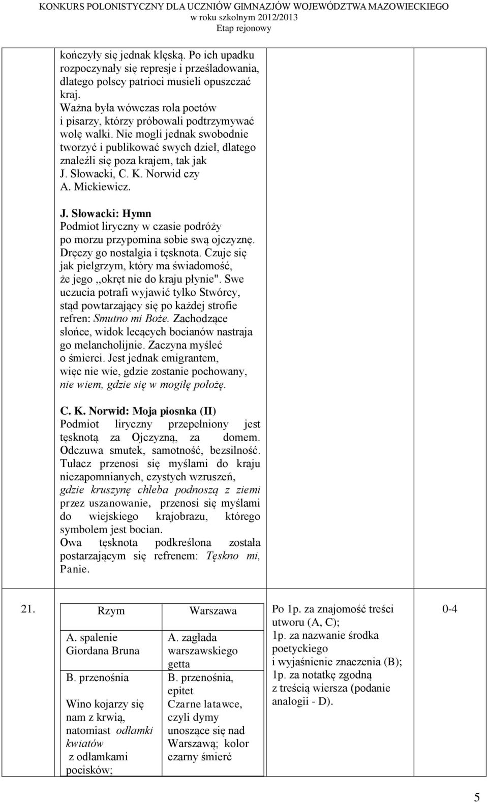 Słowacki, C. K. Norwid czy A. Mickiewicz. J. Słowacki: Hymn Podmiot liryczny w czasie podróży po morzu przypomina sobie swą ojczyznę. Dręczy go nostalgia i tęsknota.