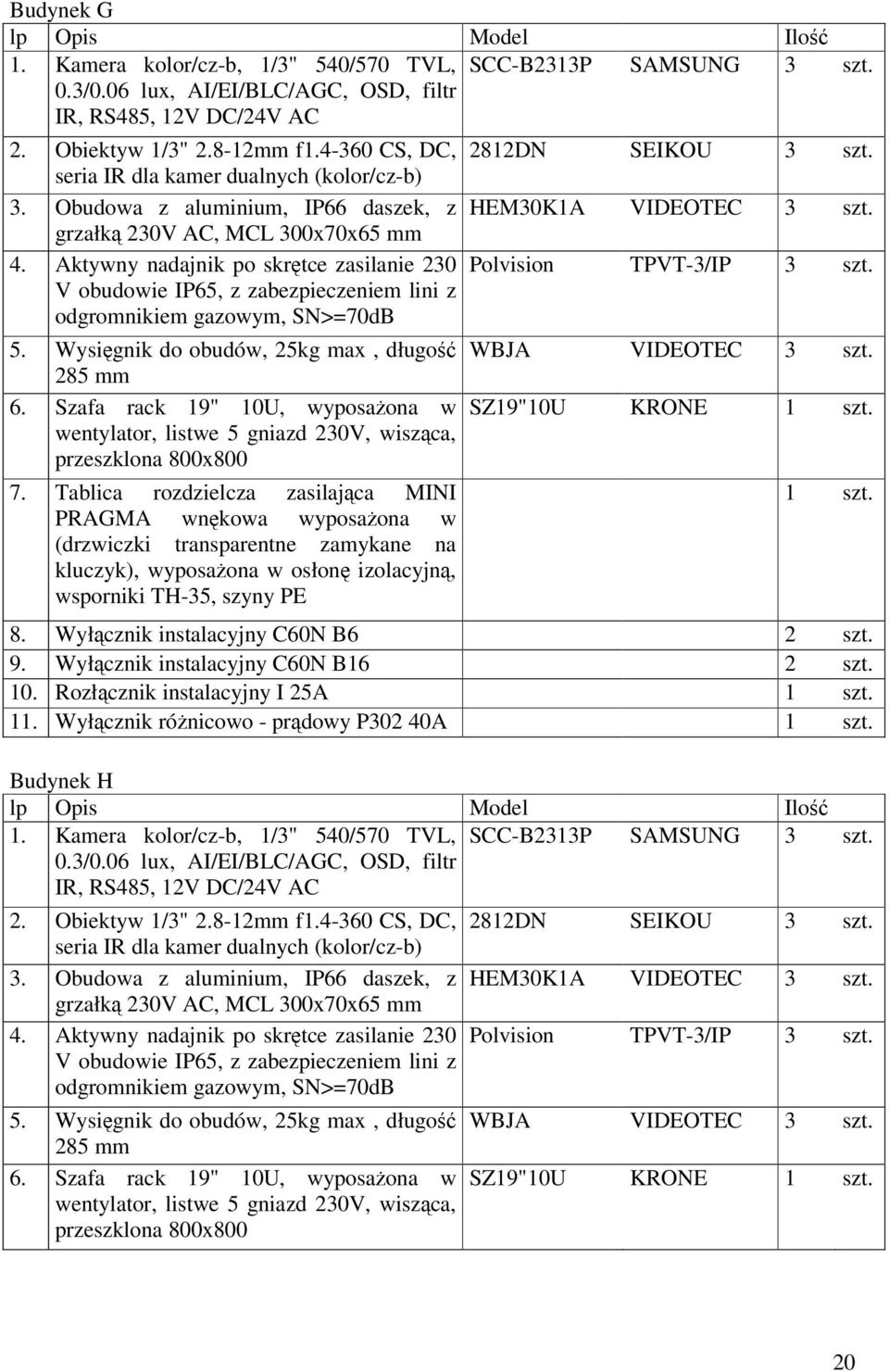 V obudowie IP65, z zabezpieczeniem lini z odgromnikiem gazowym, SN>=70dB 5. Wysięgnik do obudów, 25kg max, długość WBJA VIDEOTEC 3 szt. 6. Szafa rack 19" 10U, wyposażona w SZ19"10U KRONE 7.