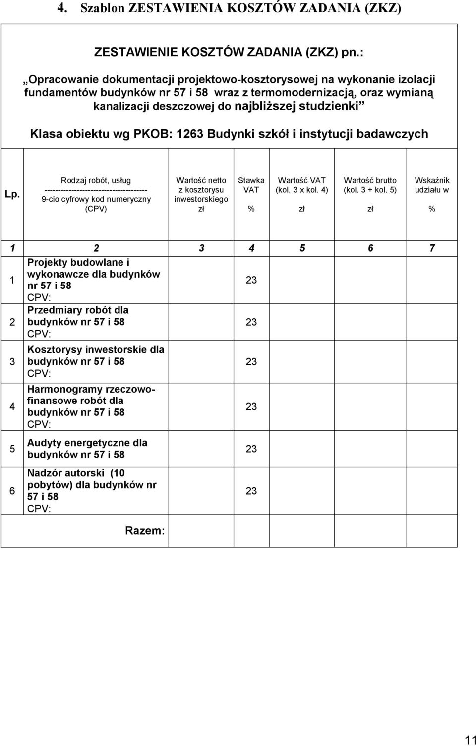 obiektu wg PKOB: 1263 Budynki szkół i instytucji badawczych Lp.