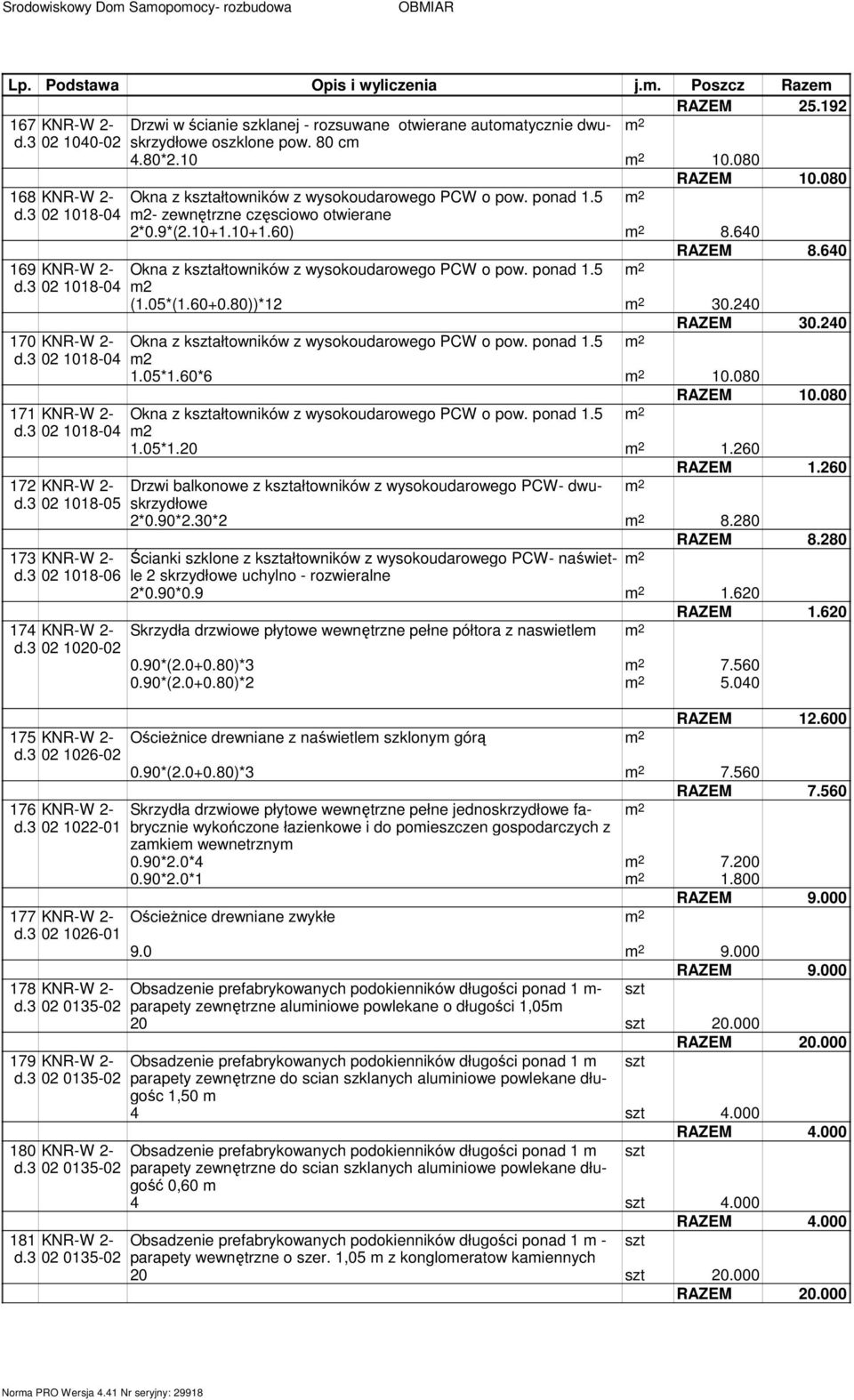 640 RAZEM 8.640 169 KNR-W 2- Okna z kształtowników z wysokoudarowego PCW o pow. ponad 1.5 d.3 02 18-04 2 (1.05*(1.60+0.80))*12 30.240 RAZEM 30.