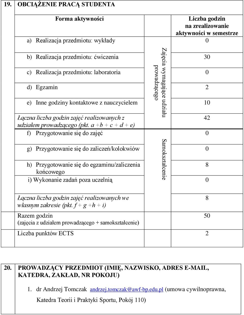 0 d) Egzamin 2 e) Inne godziny kontaktowe z nauczycielem 10 Łączna liczba godzin zajęć realizowanych z udziałem prowadzącego (pkt.