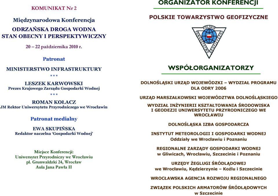 SKUPIŃSKA Redaktor naczelna Gospodarki Wodnej Miejsce Konferencji: Uniwersytet Przyrodniczy we Wrocławiu pl.