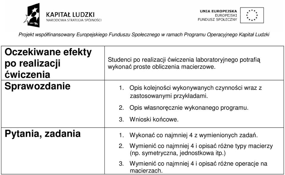 Opis własnoręcznie wykonanego programu. 3. Wnioski końcowe.. Wykonać co najmniej 4 z wymienionych zadań. 2.