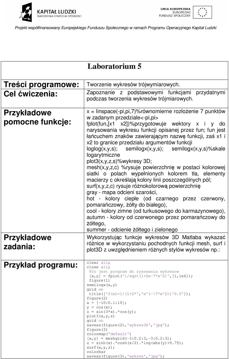 znaków zawierającym nazwę funkcji, zaś x i x2 to granice przedziału argumentów funkcji loglog(x,y,s); semilogx(x,y,s); semilogx(x,y,s)%skale logarytmiczne plot3(x,y,z,s)%wykresy 3D; mesh(x,y,z,c)