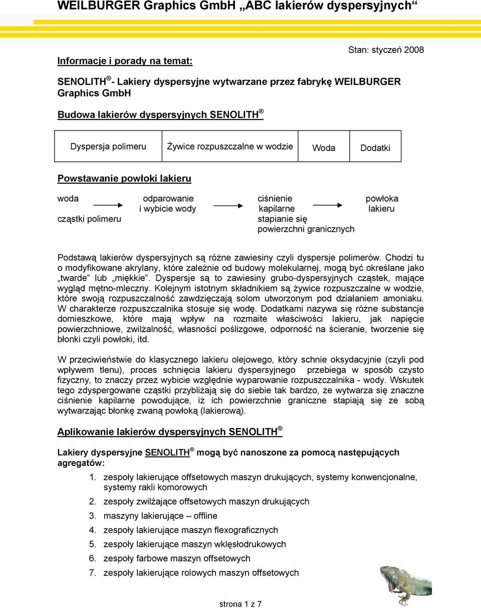 lakierów dyspersyjnych są różne zawiesiny czyli dyspersje polimerów. Chodzi tu o modyfikowane akrylany, które zależnie od budowy molekularnej, mogą być określane jako twarde lub miękkie.