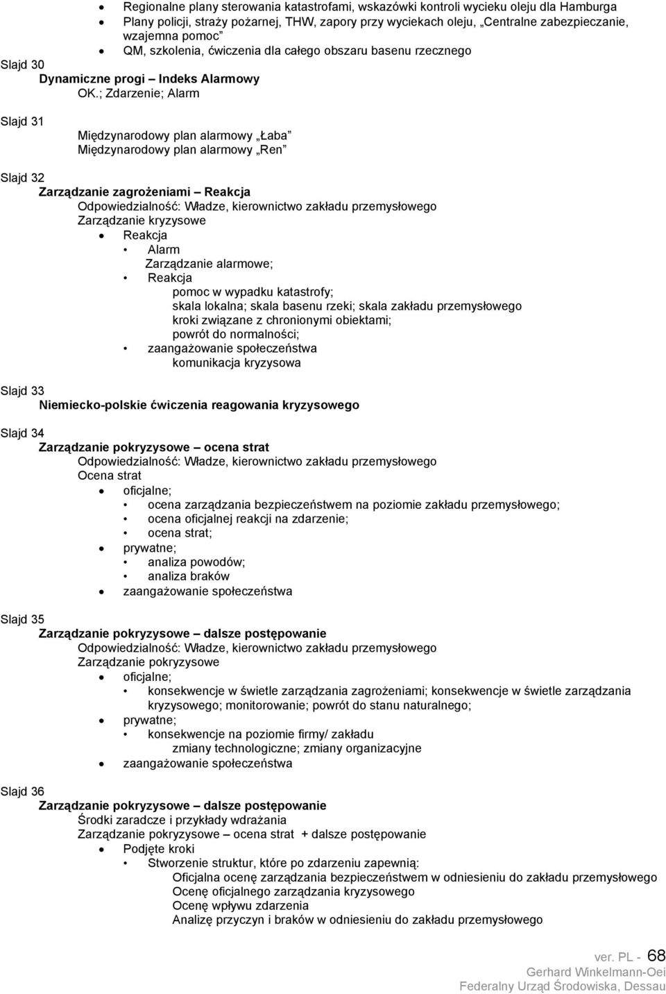 ; Zdarzenie; Alarm Slajd 31 Międzynarodowy plan alarmowy Łaba Międzynarodowy plan alarmowy Ren Slajd 32 Zarządzanie zagrożeniami Reakcja Zarządzanie kryzysowe Reakcja Alarm Zarządzanie alarmowe;