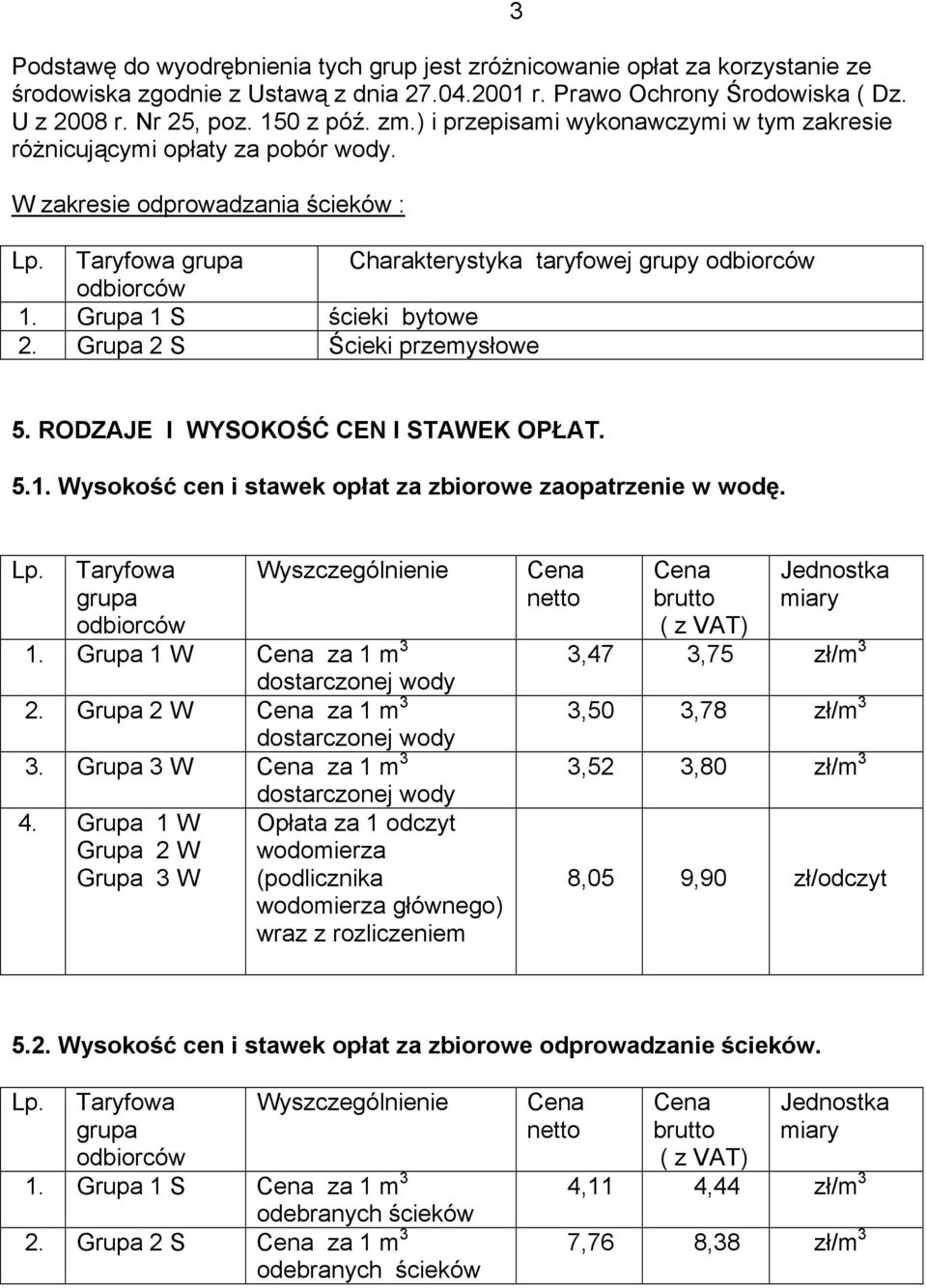 Grupa 2 S Ścieki przemysłowe 3 5. RODZAJE I WYSOKOŚĆ CEN I STAWEK OPŁAT. 5.1. Wysokość cen i stawek opłat za zbiorowe zaopatrzenie w wodę. Lp. Taryfowa grupa Wyszczególnienie 1.